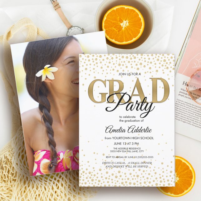 Graduation Party White Black Gold Glitzer Foto Einladung (Von Creator hochgeladen)