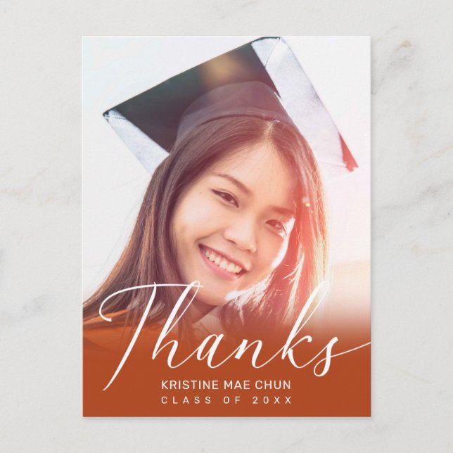Graduation Photo Modern Script Orange Thank You Postkarte (Vorderseite)