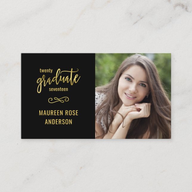 Graduation Photo Name Cards Faux Gold Foil Script Telefonnummerkarte (Vorderseite)