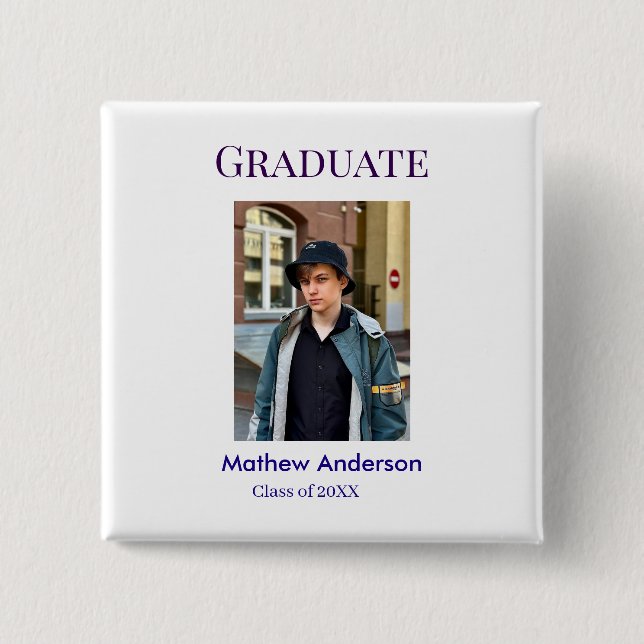 Graduation photo name class of 20XX blue simple bo Button (Vorderseite)