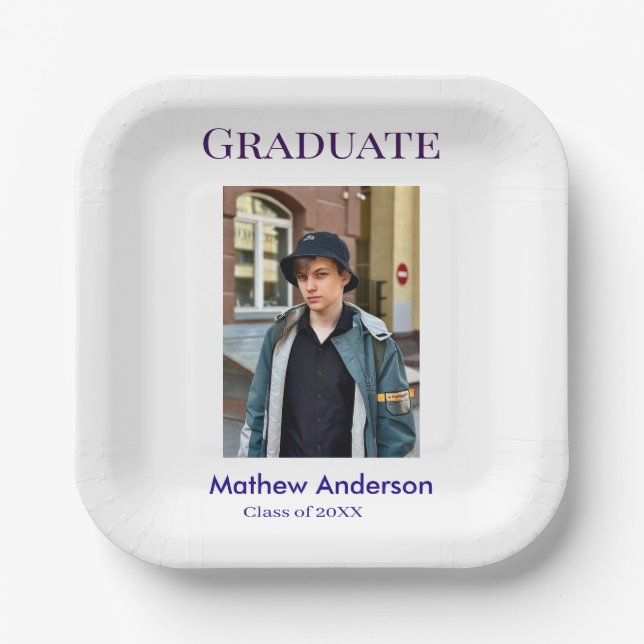 Graduation photo name class of 20XX blue simple bo Pappteller (Vorderseite)
