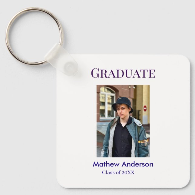 Graduation photo name class of 20XX blue simple bo Schlüsselanhänger (Vorderseite)