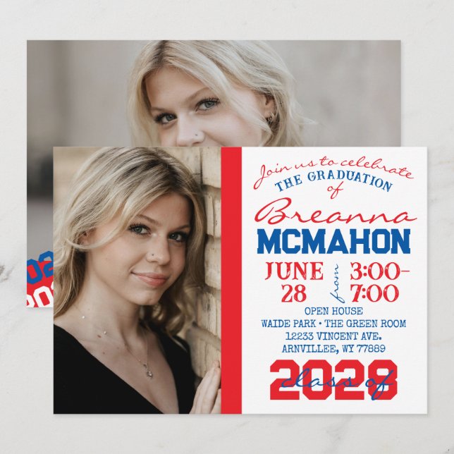 Graduation Rouge, Bleu & Blanc 2 Invitation photo (Devant / Derrière)