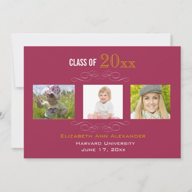 Graduation Trois Photos Fête Invitation (Devant)