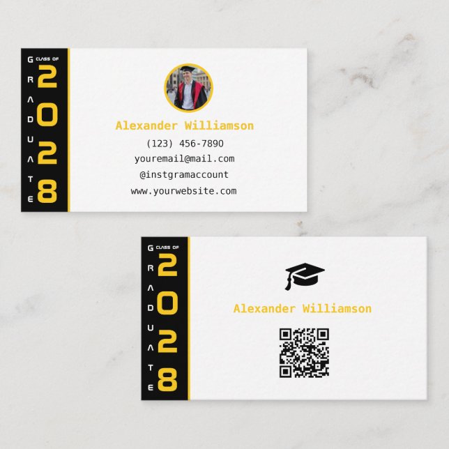 Graduation Yellow Black QR Code Modern Graduation Telefonnummerkarte (Vorne/Hinten)