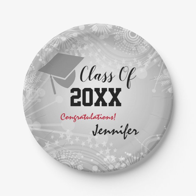 Graduationskap, Class Year 20XX Party Silver Pappteller (Vorderseite)