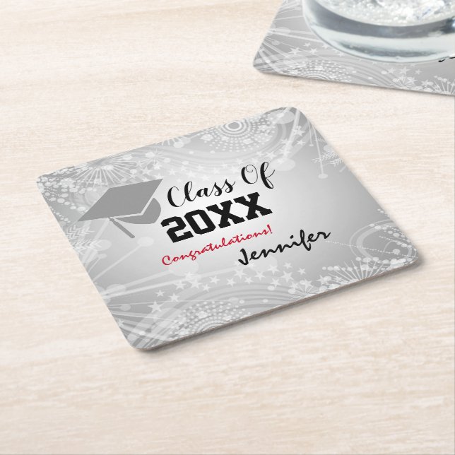 Graduationskap, Class Year 20XX Party Silver Rechteckiger Pappuntersetzer (angewinkelt)