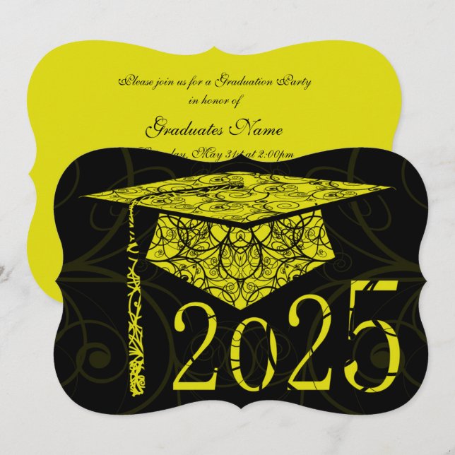 Graduationsparty 2025: Gelbe und schwarze Blütenka Einladung (Vorne/Hinten)