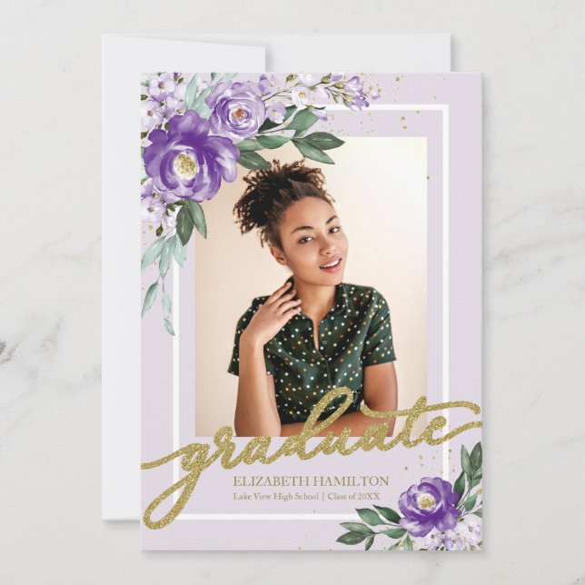 Gradué Purple Floral Grad Faire-part photo (Devant)