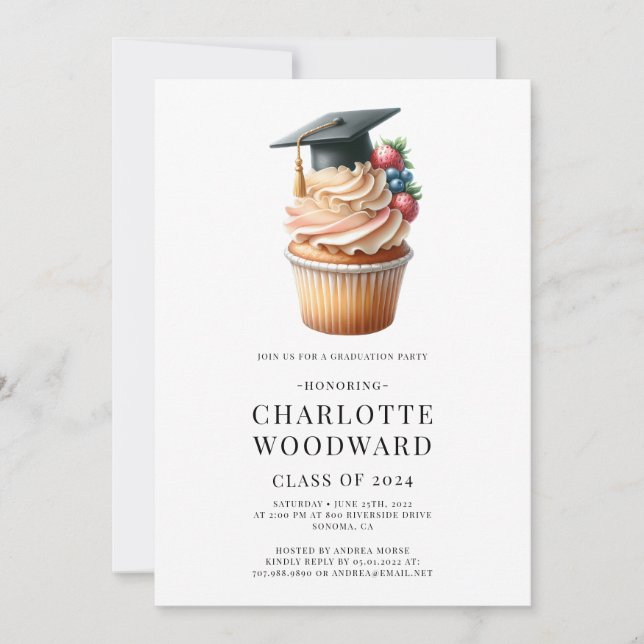 Graduiertenkap Cupcake Illustration Grad Party Einladung (Vorderseite)