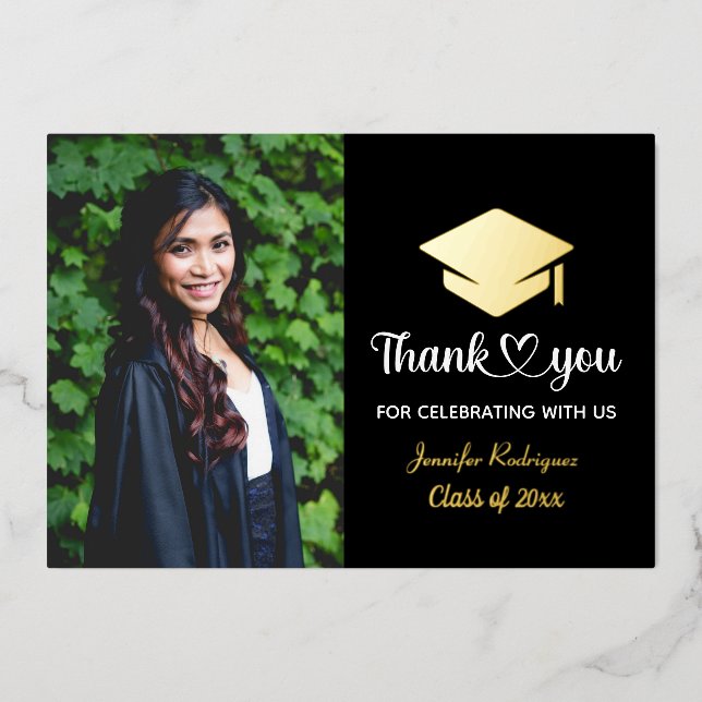 Graduiertenkap Danke Grand Custom Foto Folieneinladung (Vorderseite)