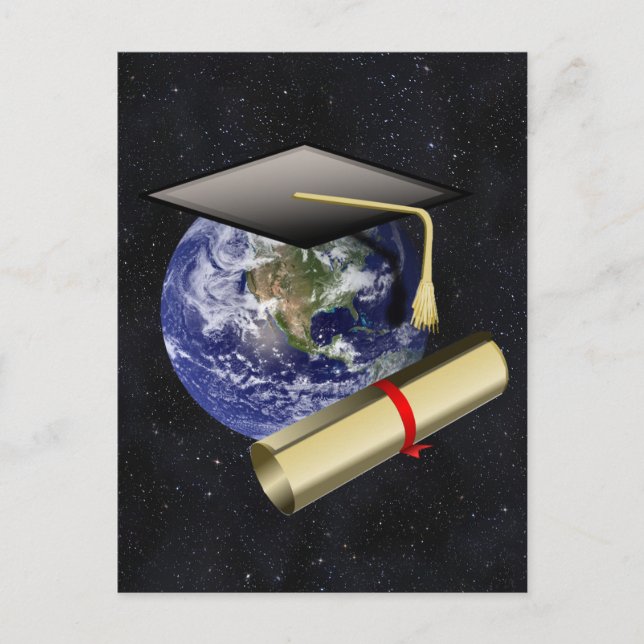 Graduiertenkap, Erde mit Diplom - Star Background Ankündigungspostkarte (Vorderseite)