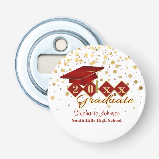 Graduiertenkap Red Gold Confetti Personalisiert Flaschenöffner (Vorderseite)