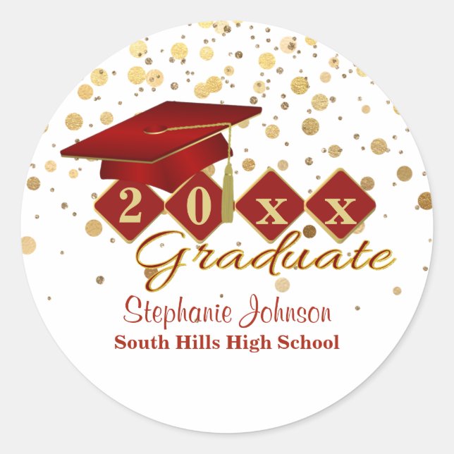Graduiertenkap Red Gold Confetti Personalisiert Runder Aufkleber (Vorderseite)