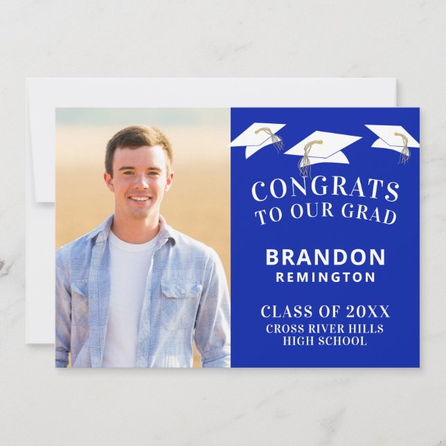 Graduiertenkap Toss Foto Royle Blue und White Ankündigung (Vorderseite)