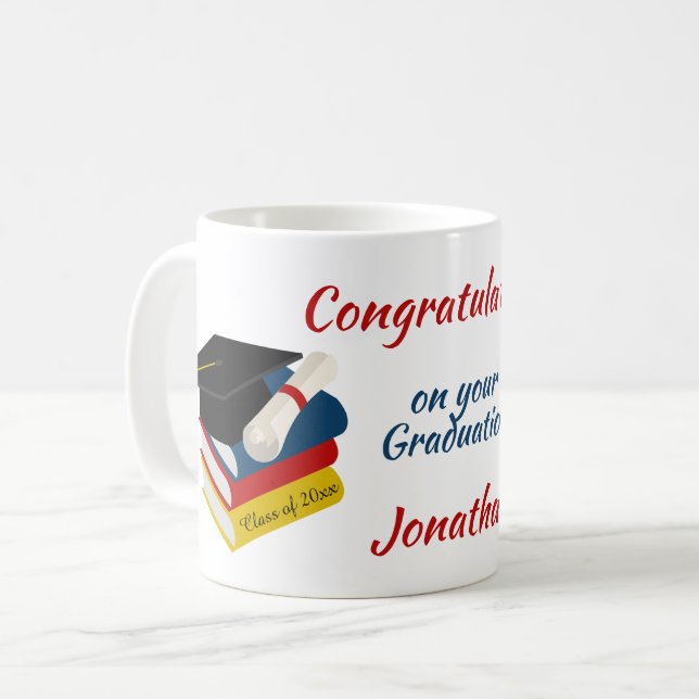 Graduiertenkap und Bücher Glückwunsch Kaffeetasse (Vorderseite Links)
