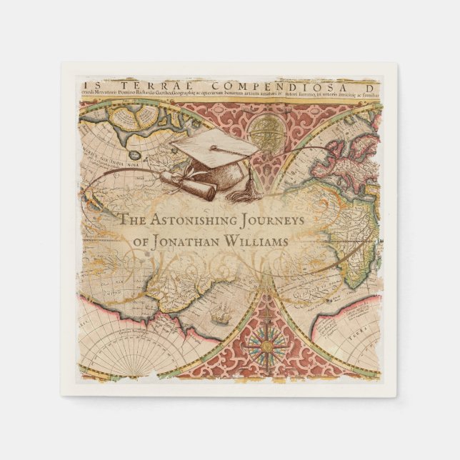 Graduiertenkap Vintag World Map Monogram Name Serviette (Vorderseite)