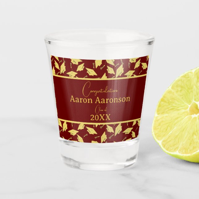 Graduiertenkappen Herzlichen Glückwunsch Maroon un Schnapsglas (Vorderseite)
