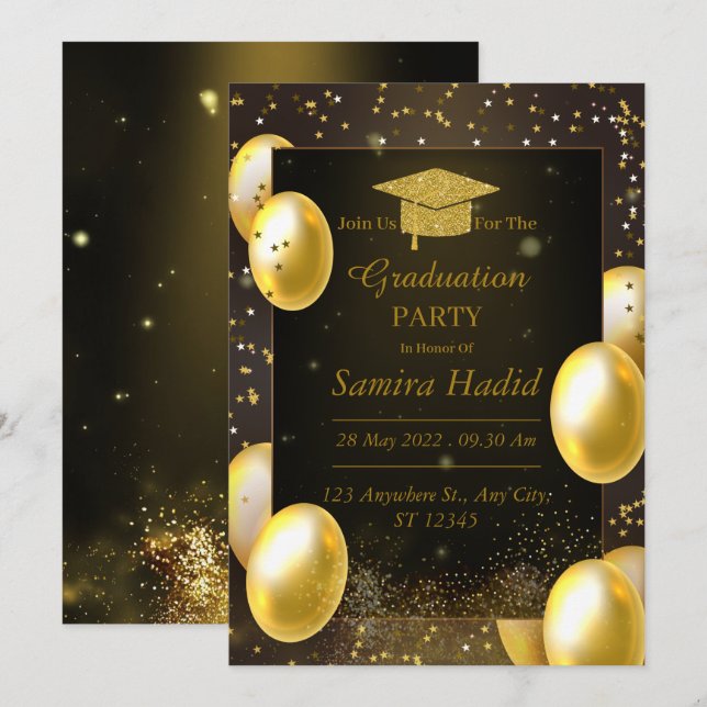 Graduierung Einladungen Gold Kalligrafie elegant (Vorne/Hinten)