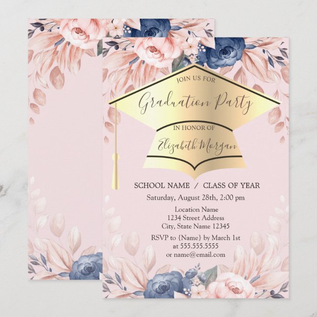 Graduierungskappe, Blume Abschluss Light Pink Einladung (Vorne/Hinten)
