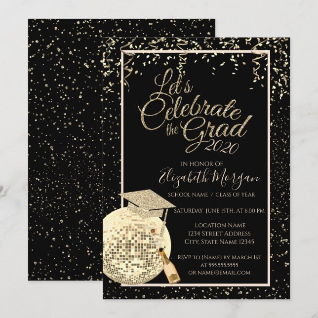 Graduierungskappe, Disco Ball Confetti, Abschluss Einladung (Vorne/Hinten)