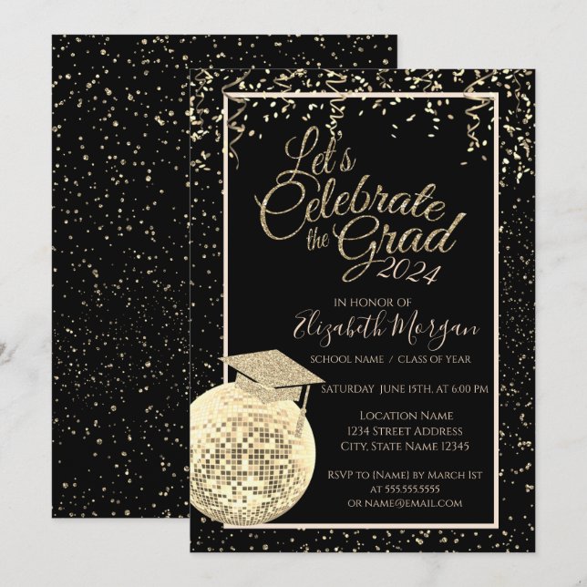 Graduierungskappe, Disco-Ball Confetti-Abschluss Einladung (Vorne/Hinten)