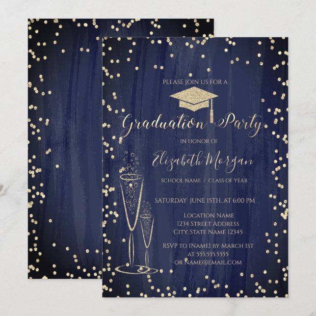 Graduierungskappe, Glass Diamonds Blue Abschluss Einladung (Vorne/Hinten)