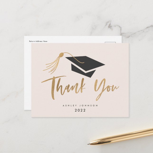 Graduierungskappe und Tassel Gold Pinselstrich Pos Postkarte (Vorderseite/Rückseite Beispiel)