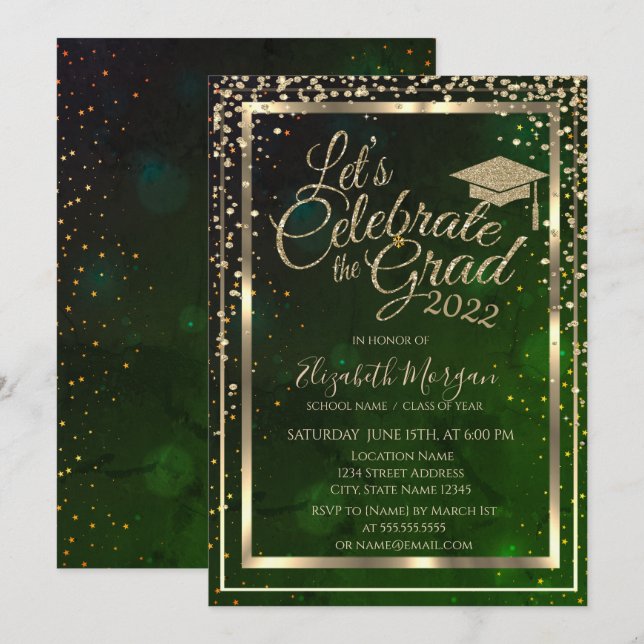 Graduierungsklammer Diamonds Stars Green Abschluss Einladung (Vorne/Hinten)