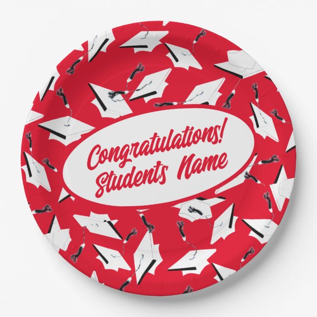Graduierungsklammern Personalisiertes rotes und we Pappteller (Vorderseite)