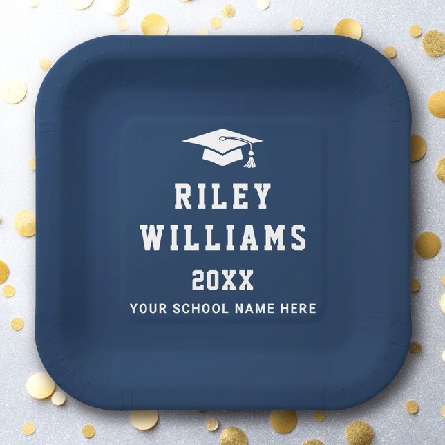 Graduierungsmützenbezeichnung Uni Sport Schriftart Pappteller (Graduation cap name college sports font dark blue paper plates)