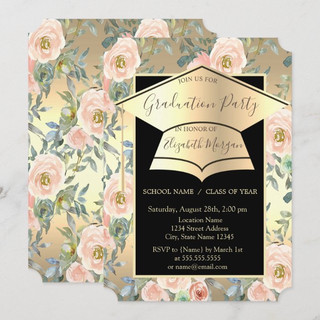 Graduierungsobergrenze, Blume Rose Gold Abschluss Einladung (Vorne/Hinten)