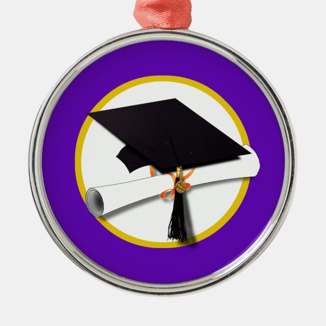 Graduierungsobergrenze mit Diplom - Lila Hintergru Silbernes Ornament (Vorne)