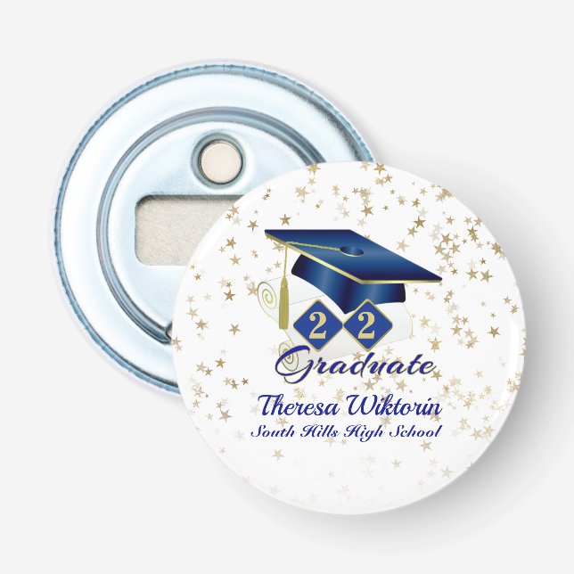 Graduierungsobergrenze Party Blue Gold Personalisi Flaschenöffner (Vorderseite)