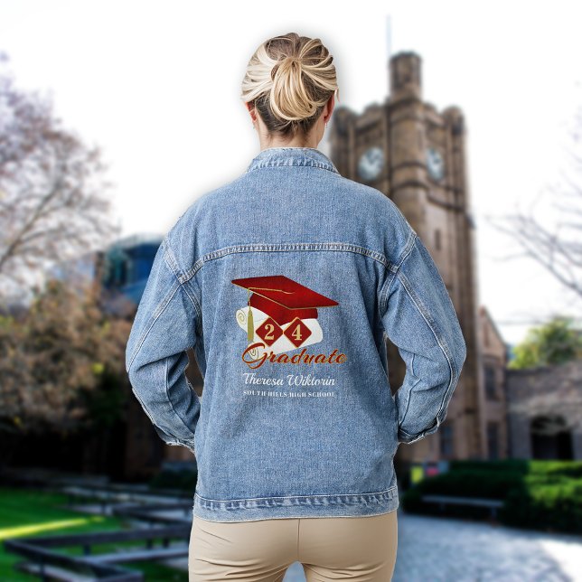 Graduierungsobergrenze Red Gold Personalisiert Jeansjacke (Graduation Cap Red Gold Personalized Denim Jacket)