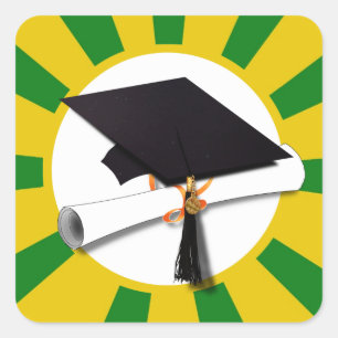 Graduierungsobergrenze - Schulfarben Gold und Grü Quadratischer Aufkleber