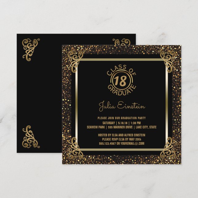 Graduierungspartei 2018 | Eleganter Black Gold Gli Einladung (Vorne/Hinten)