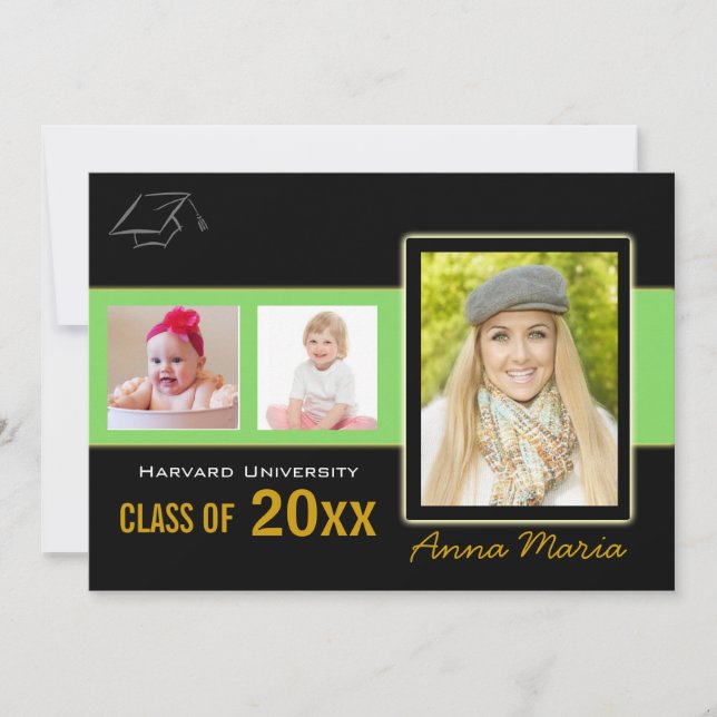 Graduierungspartei 3 Fotos grüne Einladung (Vorderseite)