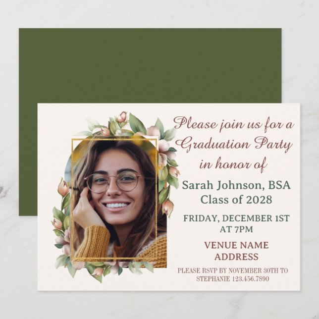 Graduierungspartei Boho Blumenbogen Foto Save The Date (Vorne/Hinten)