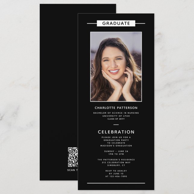 Graduierungspartei Einfaches Modernes Foto QR Code Einladung (Vorne/Hinten)