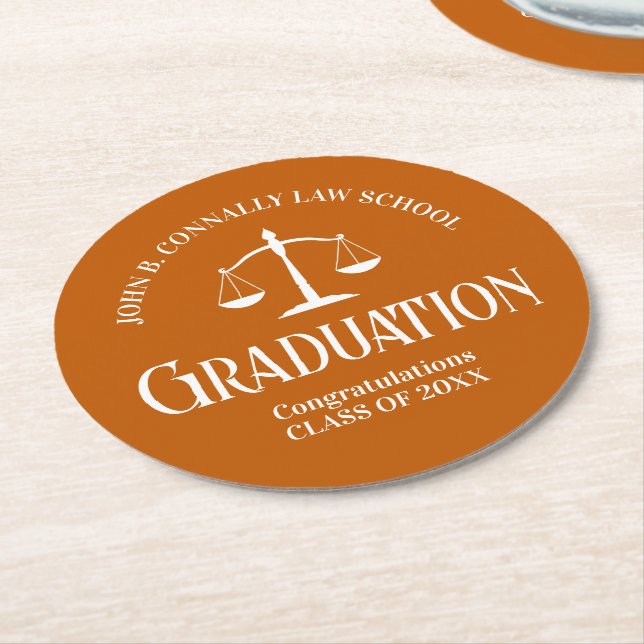 Graduierungspartei für Custom Orange Law School Runder Pappuntersetzer (Angewinkelt)