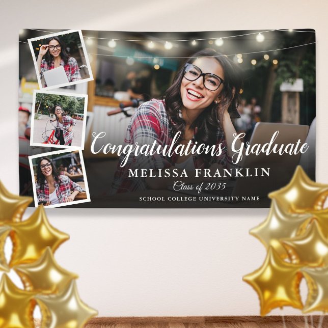 Graduierungspartei für Fotocollage String Lights Banner (Photo Collage String Lights Graduation Party Banner)