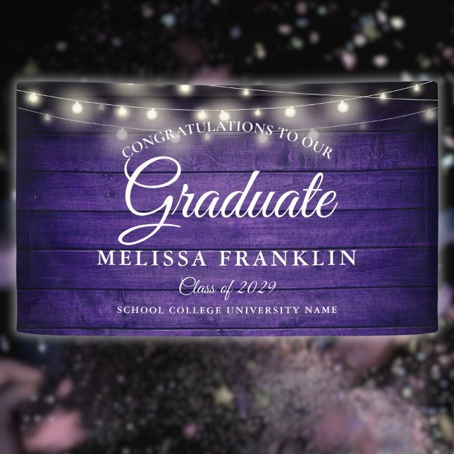 Graduierungspartei für lila Holzstring-Lichter Banner (Purple Wood String Lights Graduation Party Banner)