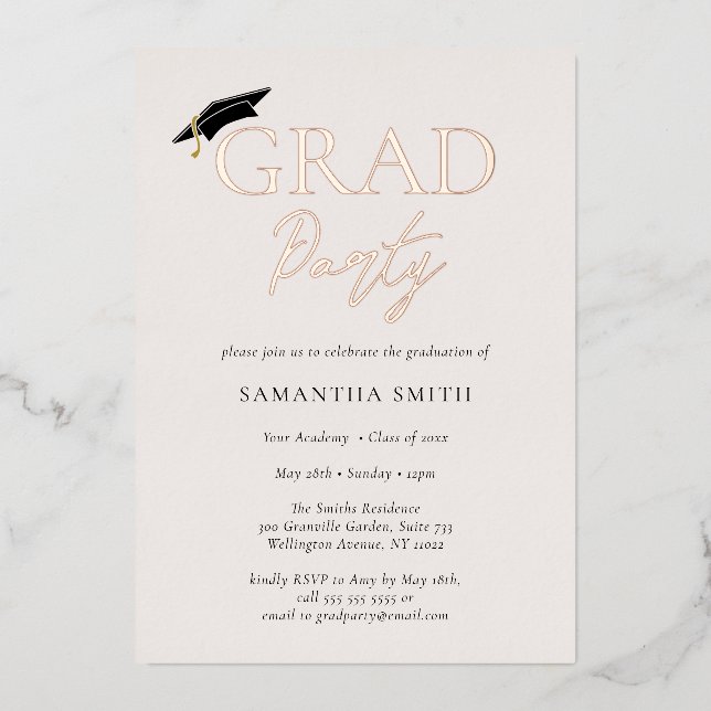 Graduierungspartei "Gold Foil Grad Cap Calligrafy" Folieneinladung (Vorderseite)