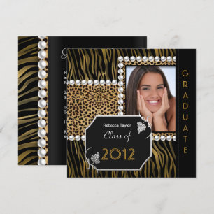 Graduierungspartei Gold Schwarz-weiß Leopard Zebra Einladung