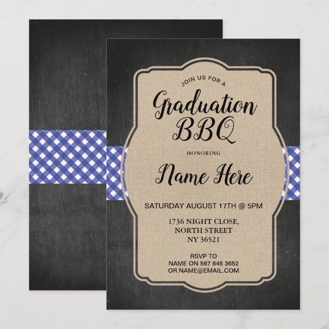 Graduierungspartei GRILLEN Invite Blue Gingham Bur Einladung (Vorne/Hinten)