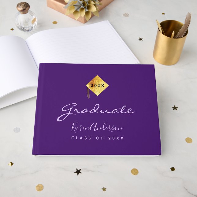Graduierungspartei mit lila Goldkappe Gästebuch (Vorderseite Offen)