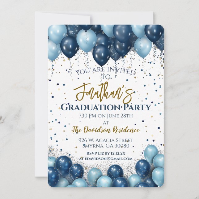 Graduierungspartei Navy Blue Balloons Einladung (Vorderseite)