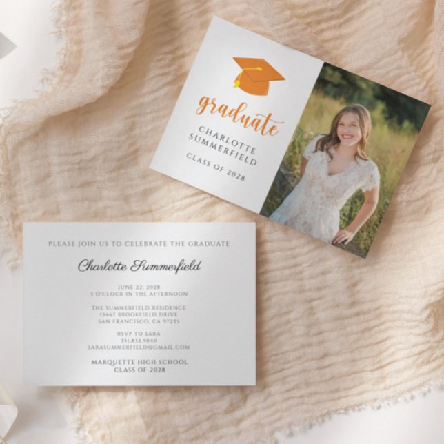Graduierungspartei Orange Gold Cap Tassel Foto Einladung (Von Creator hochgeladen)