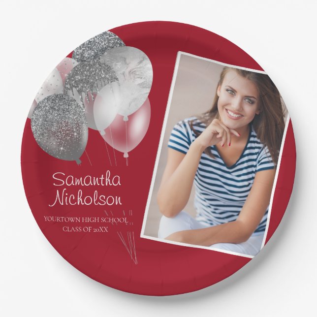 Graduierungspartei Red Silver Glitzer Balloons Fot Pappteller (Vorderseite)